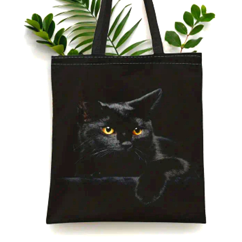 NEW Canvas Black Cat KITTY Cat Tote Bag